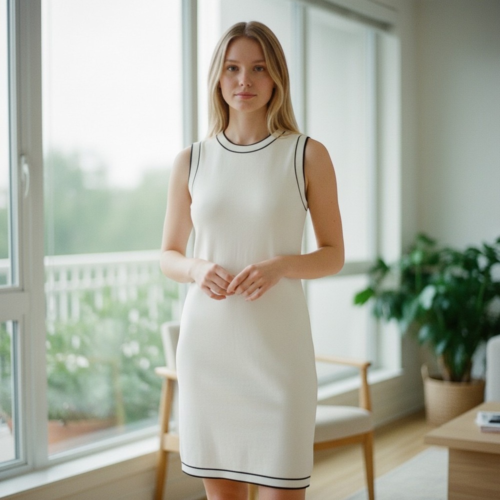 Isaac Mizrahi Live! Sleeveless Knit Midi Dress - White Black Trim Woman'sSize: M